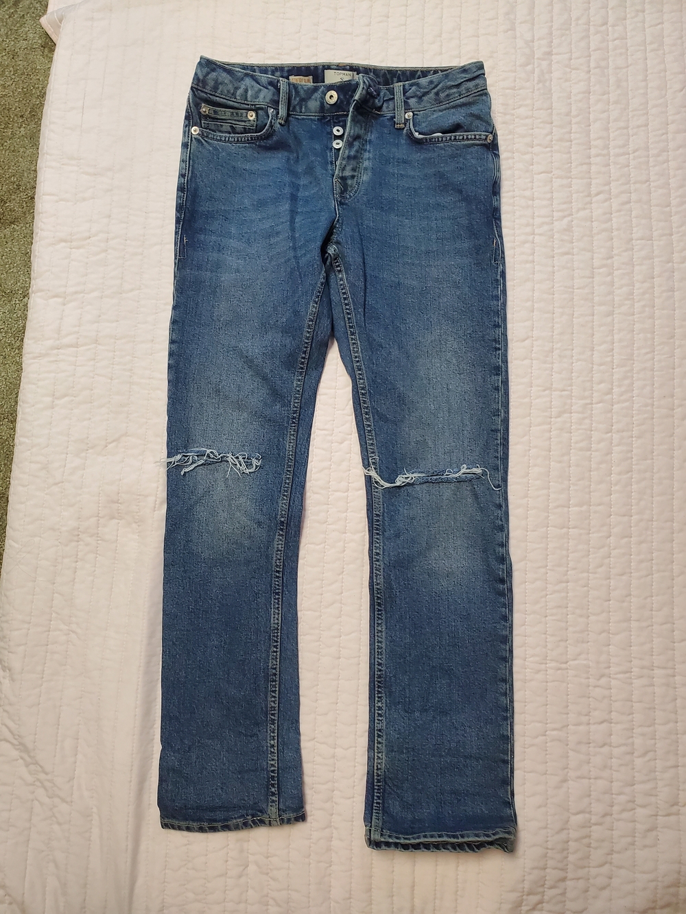 Topman Slim Men’s Jeans in Medium Blue with Knee Distress